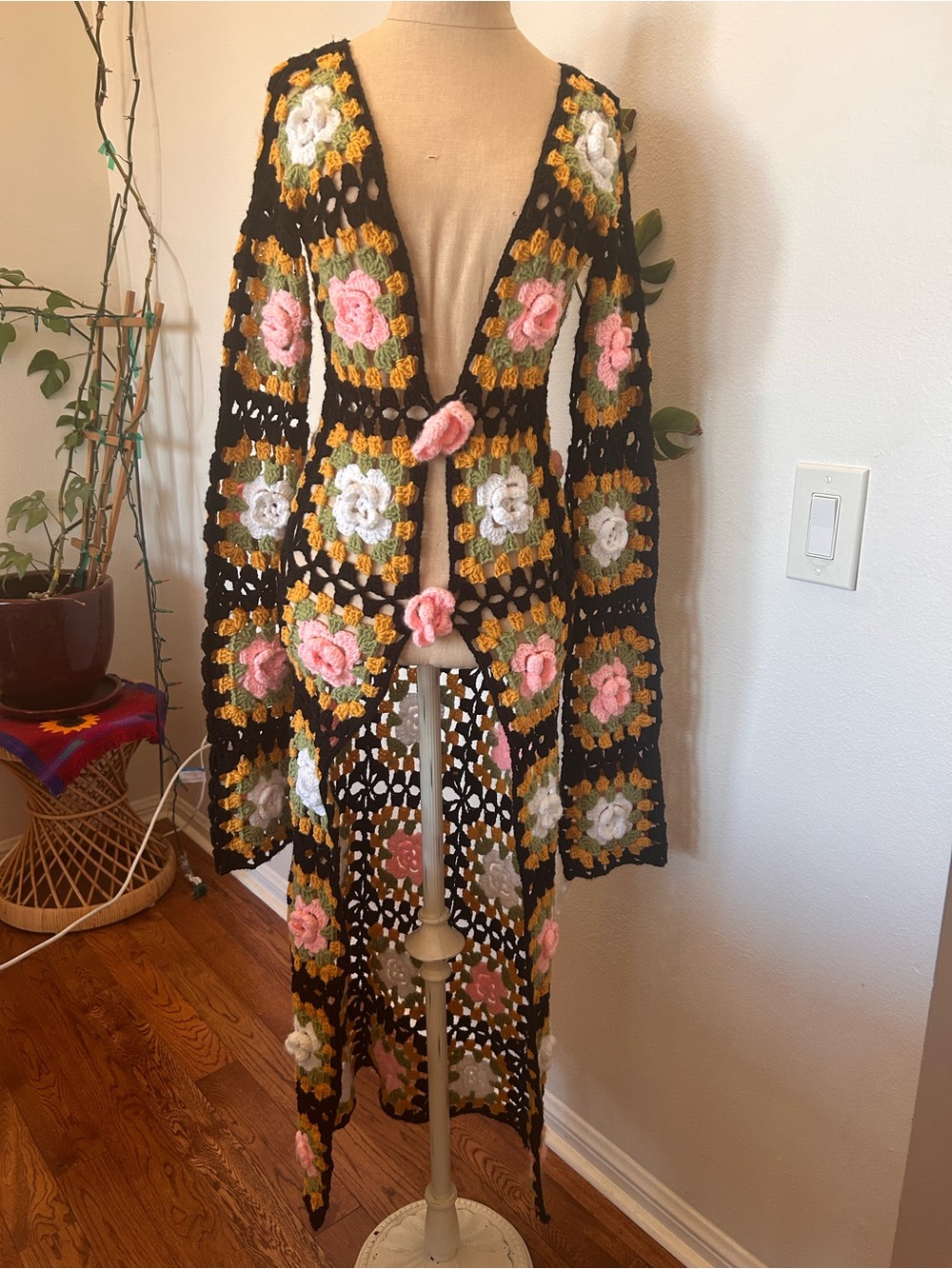 Boho Crochet Floral Long Cardigan Sweater - Black with Pink & Cream Flowers